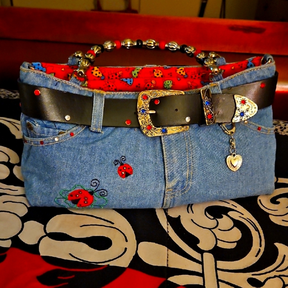 Denim Handbag with Ladybug Embroidery and Beaded Handle